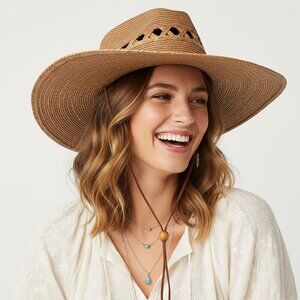 Lattice Straw Western Boho Sun Hat Brown Tan Travel Outdoors Hiking Unisex